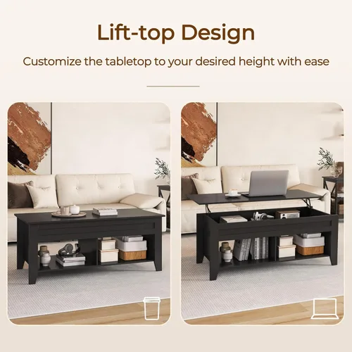 Miniatura 4 de Yaheetech Mesa de centro de madera negra elevable, con almacenamiento oculto y 2 estantes abiertos para sala de estar, recepción, oficina, 39.5 Negro