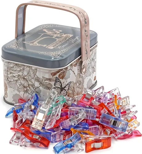 Performore Magik Clips, paquete de 100 clips multicolores para costura y manualidades – Incluye lata decorativa de mariposas para almacenamiento.