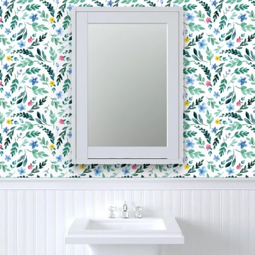 Miniatura 9 de Spoonflower Muestra de papel tapiz extraíble - Flor jardín acuarela florece azul amarillo rosa delicado botánico personalizado pre-pegado papel