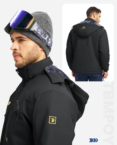 Miniatura 2 de TBMPOY Chaquetas de esquí para hombre, impermeables, para nieve, forro polar grueso, con capucha, para clima frío, cálido, trabajo en hielo al aire