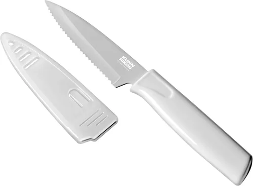 Miniatura 10 de Kuhn Rikon COLORI Cuchillo de pelar dentado antiadherente con funda de seguridad, hoja de 4 pulgadas, color rojo