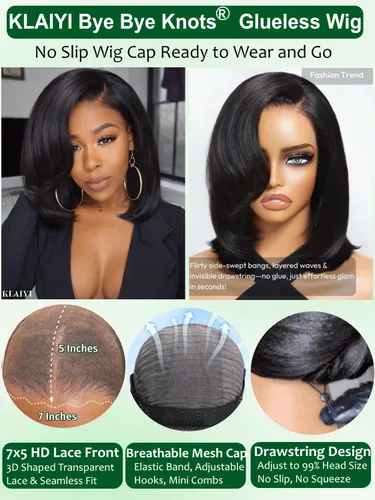 Miniatura 2 de KLAIYI Peluca de cabello humano con encaje frontal precortada 7x5, corte Bob en capas, corte romo, cordón sin pegamento, peluca predepilada