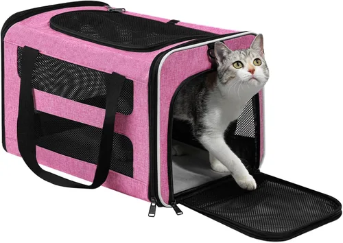 Bolsa de viaje para gatos de lados suaves para gatos medianos a grandes de más de 15 libras, jaula transportadora para perros pequeños, entrada Rosa
