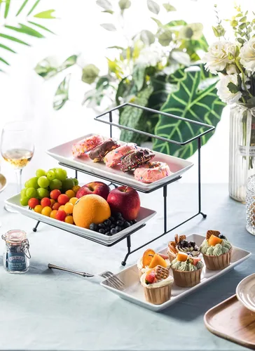 Miniatura 8 de LYEOBOH Juego de soporte y bandejas escalonadas, soporte grande para bandeja escalonada, bandeja para servir de 3 niveles con estante plegable más