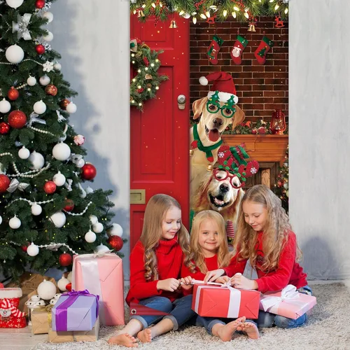 Miniatura 6 de Tiamon Decoración de Cubierta de Puerta de Navidad Divertida Cubierta de Puerta de Feliz Navidad Telón de Fondo Lindo de Perro de Papá Noel