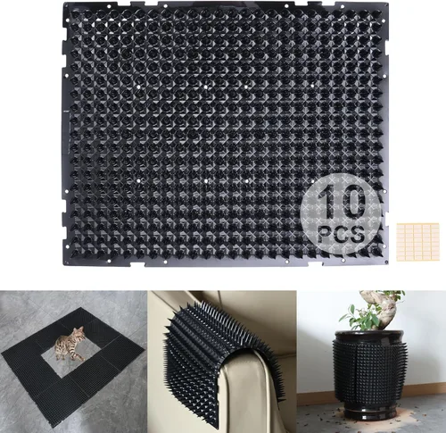 Paquete de 10 alfombrillas de protección contra gatos de 13 x 16 pulgadas, para interiores y exteriores, valla repelente de gatos humanitaria (negro)