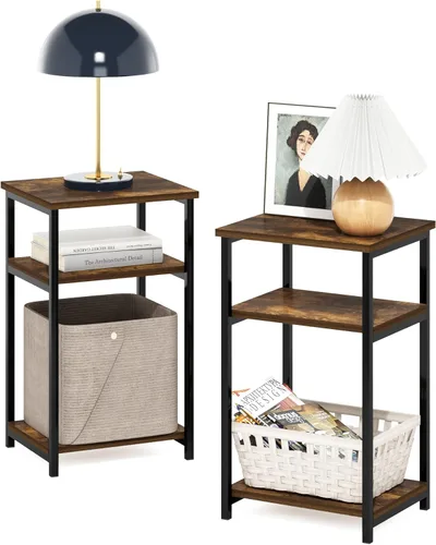 Miniatura 20 de Furinno JUST - Mesita lateral de 3 niveles con tubo giratorio N, estante abierto, mesita de noche con esquina curva redonda, mesita de cama, fácil
