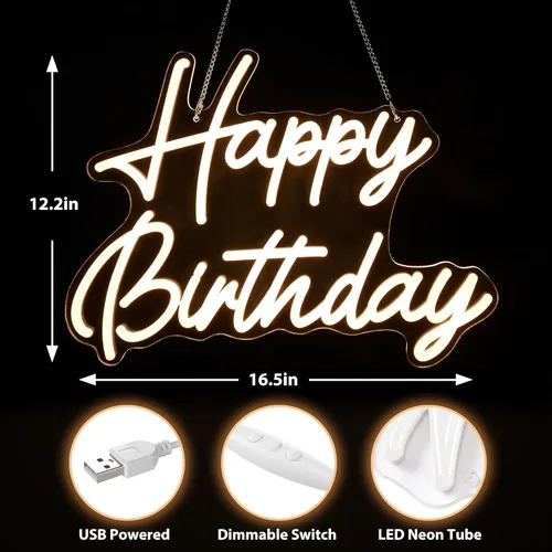Miniatura 3 de Kavaas Letrero de neón de feliz cumpleaños de 16.5 x 12.2 pulgadas, pequeño letrero de neón de feliz cumpleaños para telón de fondo con interruptor