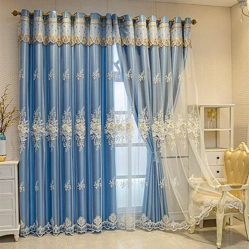 Miniatura 3 de Amidoudou 1 par de cortinas europeas de lujo con cenefa para sala de estar, dormitorio, cortinas bordadas de doble capa (azul, 52 x 90 pulgadas)