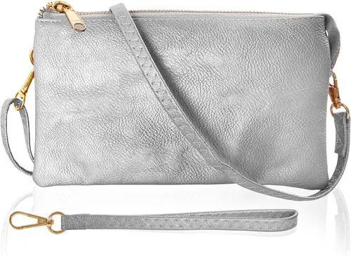 Miniatura 11 de Humble Chic bolsa pequeña de piel vegana, para usar cruzada o cartera con ajuste de pulsera, incluye hombro ajustable y correa para muñeca. Oro