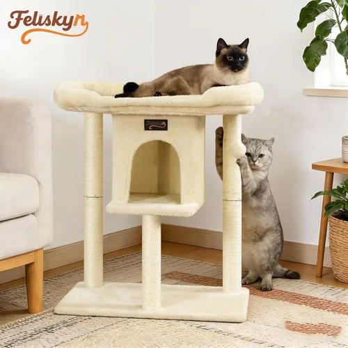 Miniatura 7 de Poste rascador de torre para gatos grandes de interior, árbol pequeño para gatos con cama grande, casa de árboles de 28 pulgadas de alto con cueva