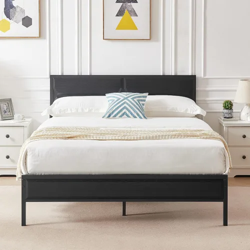 Miniatura 11 de VECELO Base de cama individual tamaño individual con cabecera y estribo de madera, base de colchón de plataforma de metal con fuerte soporte