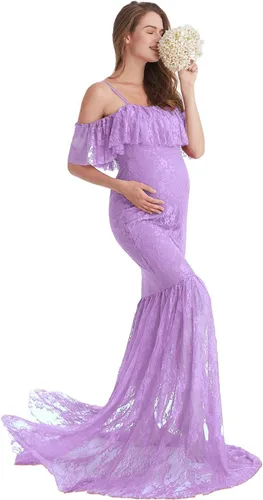 Miniatura 2 de HIHCBF Vestido de sirena de maternidad de encaje para mujer, hombros descubiertos, volantes, tirantes delgados, ajustado, para sesión de fotos