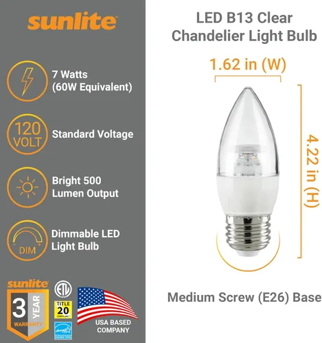Miniatura 2 de Sunlite foco LED B13 Torpedo decorativo para candelabro, 7 vatios (equivalente a 60 vatios), 500 lúmenes, 120 voltios, regulable, base E26, Energy