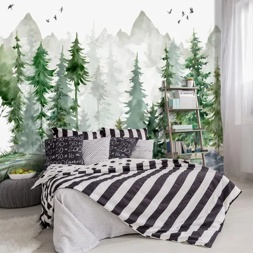 Miniatura 9 de Mural de pared de bosque nebuloso con escena de pino, papel tapiz de tela para sala de estar, dormitorio, baño, mural de montaña - 91"x65