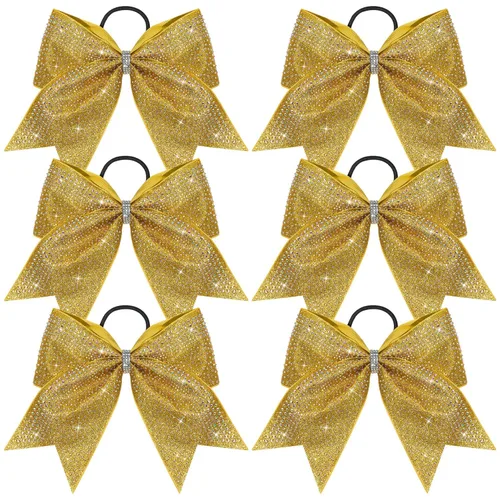 Miniatura 13 de DEEKA 6 lazos grandes de animadora con purpurina de 8 pulgadas con diamantes de imitación completos, lazos para el pelo de animadora coloridos Plata