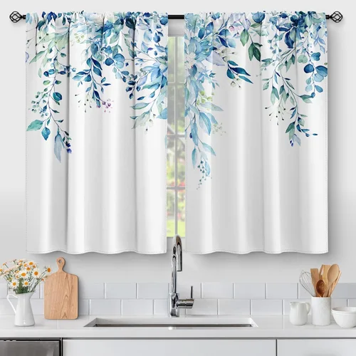 Aimego Cortinas de Cocina de Eucalipto Primaveral - Hojas de Plantas de Acuarela Floral Azul con Cortinas de Nivel Botánico Floral para Cafetería