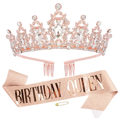 Didder Kit de corona de diamantes de imitación y banda con purpurina, tiara y banda de cumpleaños de oro rosa para mujeres y niñas, accesorios para