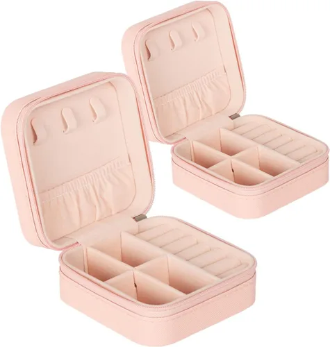 GOTDYA Paquete de 2 joyeros de viaje, pequeño joyero portátil de piel sintética con cremallera para organizar y almacenar joyas, rosa claro