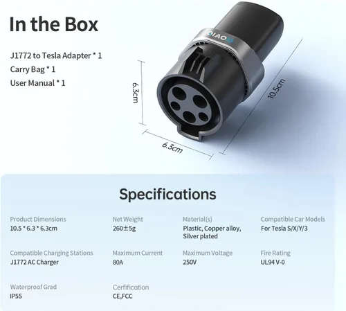 Miniatura 8 de Adaptador de Carga J1772 a Cargador Tesla QIAO, Hasta 80A 250V - Adaptador J1772 a NACS para Cargar Coches Eléctricos Tesla en Estación de Carga AC