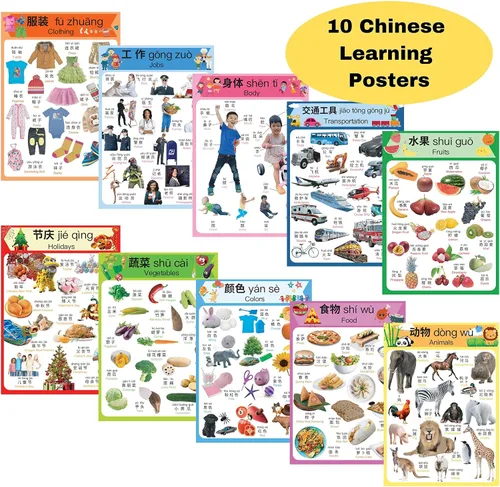 Miniatura 3 de N/A/ Juego de 10 carteles de aprendizaje chino para niños. Inspirado en Montessori. Bilingüe con chino simplificado, inglés y pinyin.