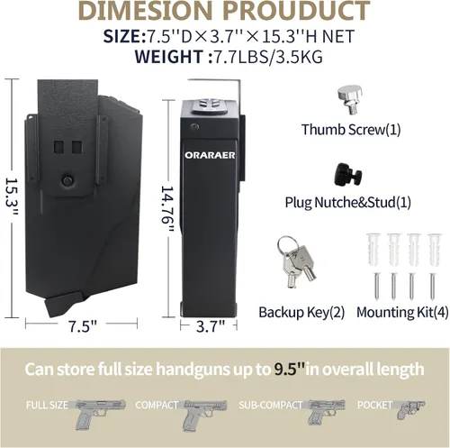Miniatura 3 de Caja fuerte biométrica para armas, caja de seguridad para pistolas de 3 vías: Desbloqueo por huella digital, PIN digital y llave. Caja fuerte
