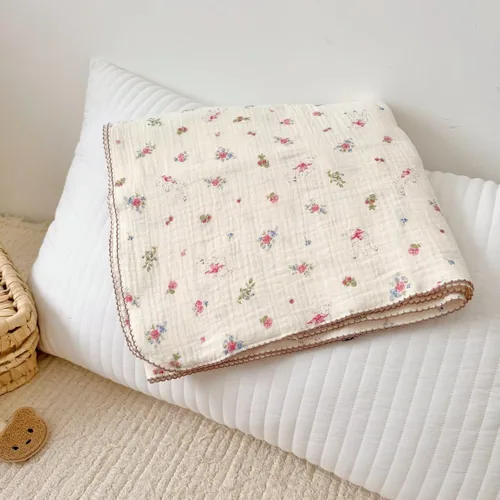 Miniatura 25 de BuLuTu Manta de 4 capas para niños pequeños, 100% algodón muselina, mantas de cama para niños, niñas, niños, con bonito patrón de flores de hibisco