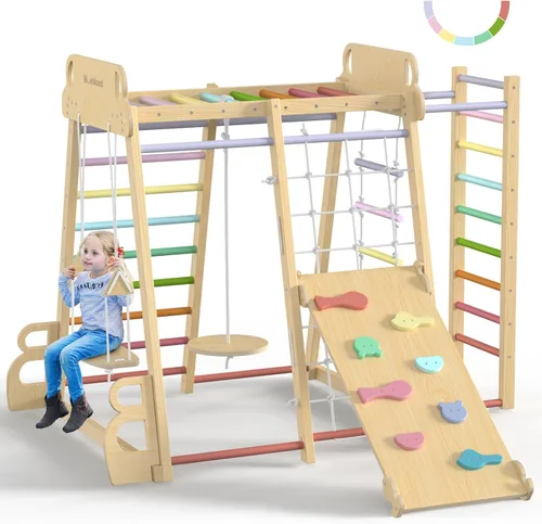 Zona de juegos interior mejorada 9 en 1, gimnasio de la selva, juguetes de escalada para niños, filosofía Montessori estilo Waldorf, conjunto de