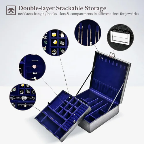 Miniatura 2 de ProCase Joyero para mujer, 2 capas de cuero grande, organizador de joyas, estuche de almacenamiento con almohadilla extraíble para aretes