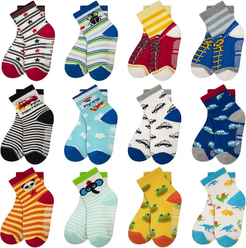 HYCLES Calcetines Antideslizantes para Niños Pequeños, 12 Pares de Calcetines de Algodón con Agarre Antideslizante para Niños y Niñas de 1-7 años y