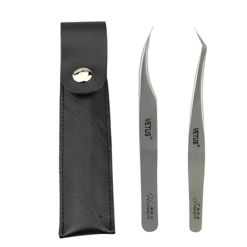 Miniatura 2 de 1 pinza de delfín, acero inoxidable, antimagnéticas y antiestáticas, duras y de alta precisión, curvadas, funda de cuero negro, pinzas de pestañas