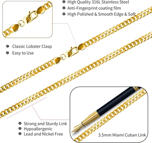 Miniatura 5 de ROSIEYO Diamond Cut Miami Mens Cuban Link Chain Necklace, 14k Gold Cuban Chain Necklace, Silver Chain for Men Women Boys, 316L Stainless Steel