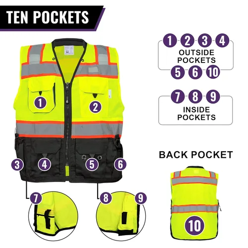 Miniatura 5 de GGS - Chaleco de seguridad de alta visibilidad, ligero pero duradero, cinta reflectante, 9 bolsillos, construcción, transporte, correr/ciclismo