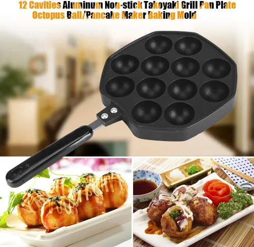 Miniatura 2 de Takoyaki - Sartén para parrilla, 12 agujeros de aluminio antiadherente Takoyaki Maker 12 pulpos rellenos para panqueques horneados, herramientas