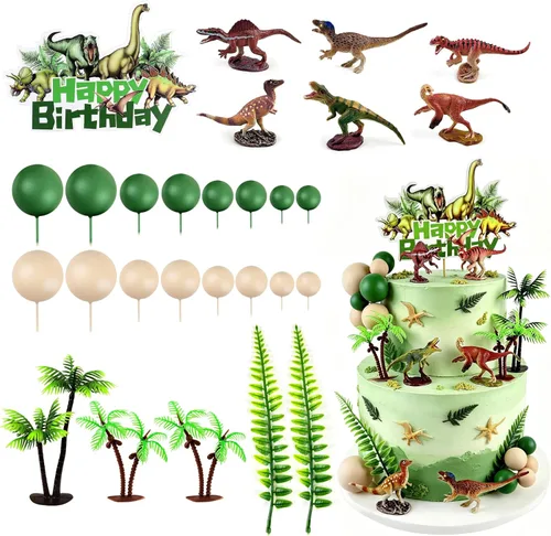 28 piezas de decoración de pastel de dinosaurio 3D artificiales de bolas verdes y marrones, decoración de pastel de coco artificial para baby