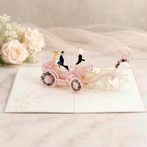 Miniatura 3 de ETA Tarjeta de felicitación desplegable de boda 3D, tarjeta desplegable de carruaje 3D, tarjeta desplegable de aniversario de boda vintage, tarjeta