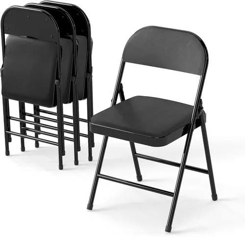 Paquete de 4 sillas plegables acolchadas de cuero, marco de metal con asiento y respaldo de piel sintética, capacidad de 650 libras, silla plegable
