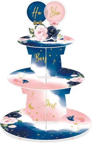 Faccito Decoración de soporte para cupcakes para fiesta de revelación de género, azul y rosa de 3 niveles para baby shower, suministros de cartón