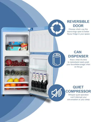 Miniatura 2 de KRIB BLING Mini refrigerador compacto, refrigerador pequeño, termostato ajustable de 7 niveles, estantes extraíbles con acero inoxidable, 2 puertas
