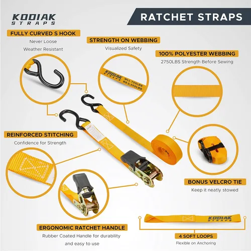 Miniatura 2 de KODIAK STRAPS Juego de correas de trinquete resistentes con 2200 correas de amarre de resistencia a la rotura 1 pulgada x 17 pies, paquete de 4