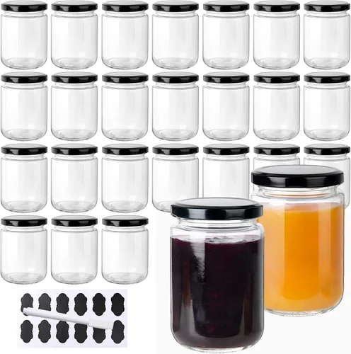 Miniatura 8 de Paquete de 24 tarros de vidrio de 8 onzas con tapas, tarros pequeños transparentes de 8.1 fl oz con 24 calcomanías, tarro reutilizable