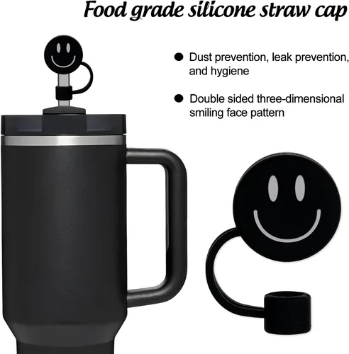 Miniatura 4 de Whaline 6 fundas de paja negras con diseño de sonrisa de 0.4 pulgadas, de silicona, reutilizables, redondos, con patrón de doble cara, para vasos