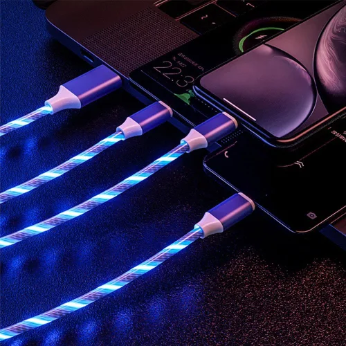 Miniatura 3 de IHAO Cable de carga multipuerto, 3 combinaciones en un cable USB A a USB C/Micro USB PD, cable de carga rápida iluminado LED que fluye compatible