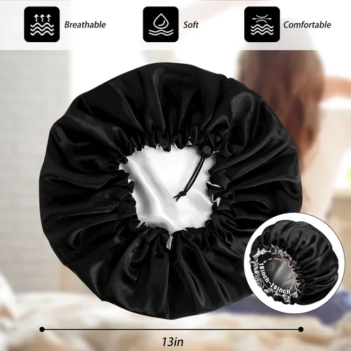 Miniatura 6 de Gorro de seda de satén para cabello rizado, gorro trenzado para dormir, para mujer, grande, doble capa ajustable (2 unidades, negro)
