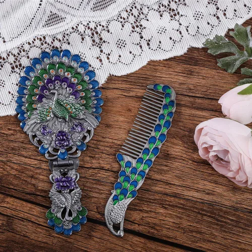 Miniatura 7 de Rayberro Espejo de mano vintage con juego de peine, espejo de mano vintage de pavo real en relieve metálico, espejo de maquillaje para la cara