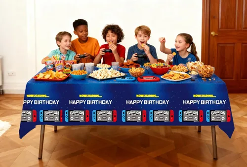 Miniatura 5 de Mantel azul para fiesta de videojuegos, 2 unidades, 54 x 108 pulgadas, decoración de fiesta de cumpleaños de videojuegos, funda rectangular Mantel
