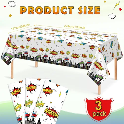 Miniatura 2 de 3 manteles de fiesta de cumpleaños con temática de héroes, mantel rectangular desechable de plástico de paisaje urbano blanco Super Bang para baby