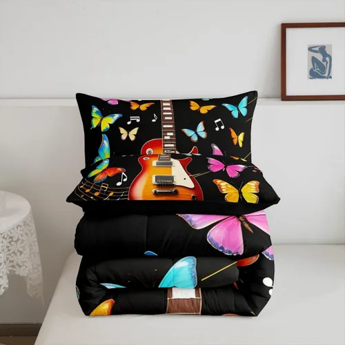 Miniatura 7 de Erosebridal Juego de ropa de cama de guitarra, juego de edredón de notas musicales de mariposa, tamaño individual, juego de edredón de música hip