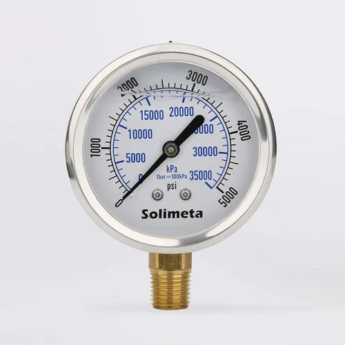 Miniatura 5 de 2-1/2 "Tamaño del dial, medidor de presión hidráulica lleno de aceite, 0-5000psi/kpa, caja de acero inoxidable 304, montaje inferior NPT de 1/4
