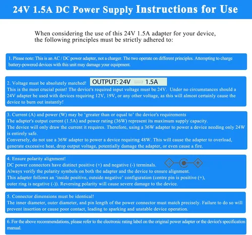 Miniatura 5 de Cable de alimentación de 24 V CC, adaptador de 24 V CC 1.5 A, CA 110-240 V CC en 24 voltios, 1 A, 0,5 A, cargador de pared para difusor